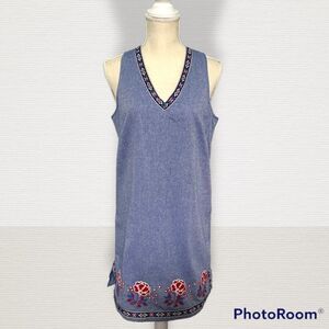 Jade Melody Tam summer Embroidered tribal v-neck Chambray shift Dress